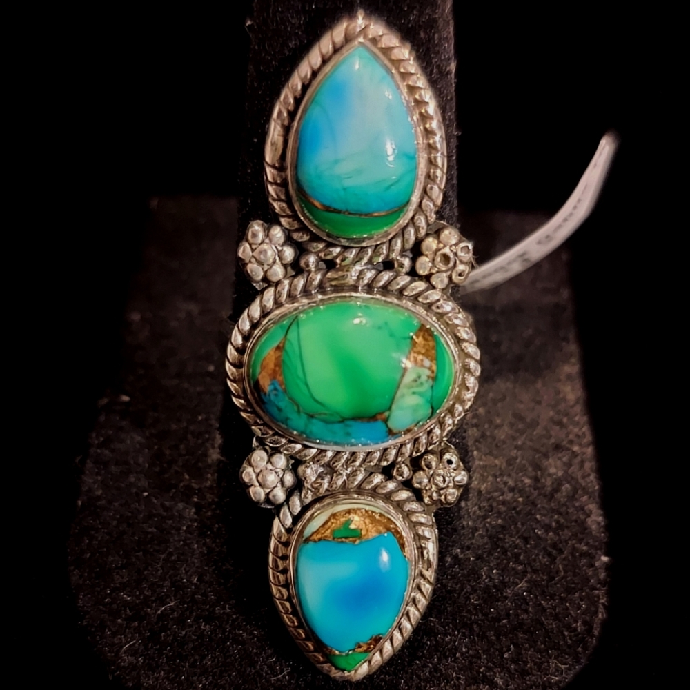 Kingman Peacock Dalia Sterling Silver Three Stone Ring Size 8
